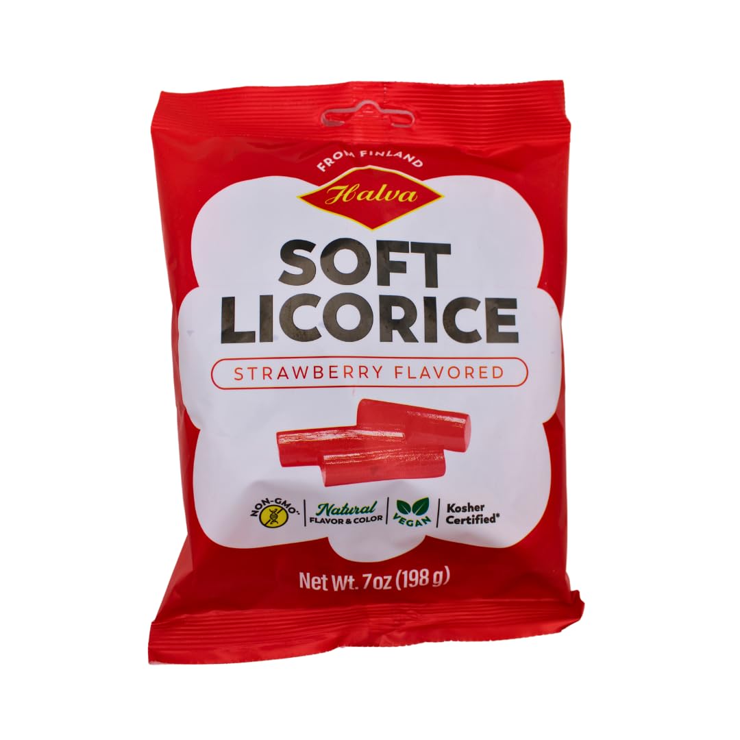 HALVA Soft Strawberry Licorice Candy - 1 x 7oz Bag - Authentic Finnish Licorice - Made with All Natural Ingredients -Soft & Chew