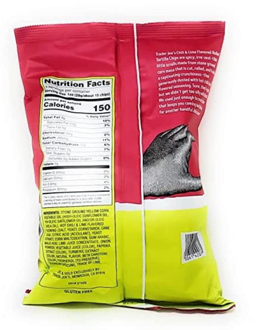 Trader Joes Rolled Corn Tortilla Chips Chili & Lime Flavored Net Wt. 9 Oz (255g) - Pack of 4