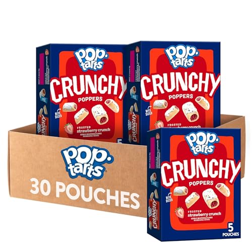 Pop-Tarts Crunchy Poppers Crunchy Filled Snack Pieces, Kids Snacks, On-the-Go, Frosted Strawberry Crunch (6 Boxes, 30 Pouches)