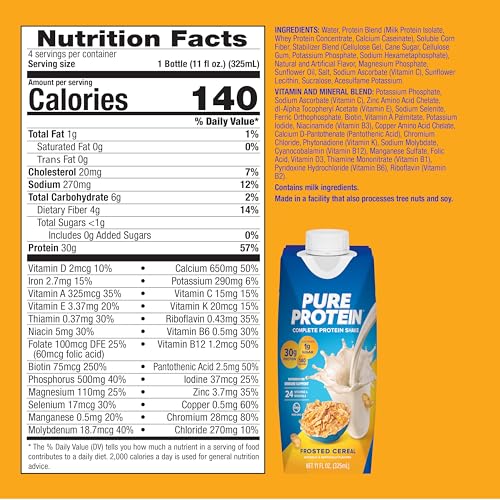 Pure Protein Complete Protein Shake  Frosted Cereal  30g High Protein Drink  Less than 1g Sugar  4g Fiber  Ready to Drink  Non GMO  On-the-Go Shakes  11oz Bottles  12 Pack