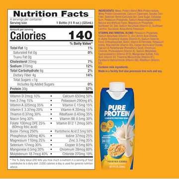 Pure Protein Complete Protein Shake  Frosted Cereal  30g High Protein Drink  Less than 1g Sugar  4g Fiber  Ready to Drink  Non GMO  On-the-Go Shakes  11oz Bottles  12 Pack
