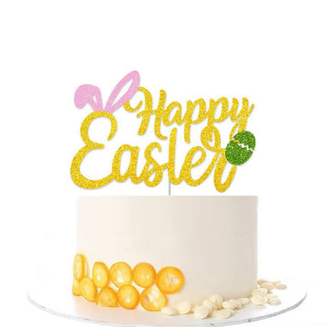Dtzzou Glitter Happy Easter Cake Topper Easter Bunny Cake Topper for Birthday & Easter Party Decorations