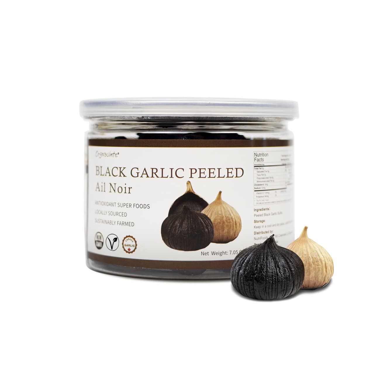 orgnisulmte Peeled Black Garlic Cloves, Fermented 90 Days, Non-GMO, 7.05 Oz
