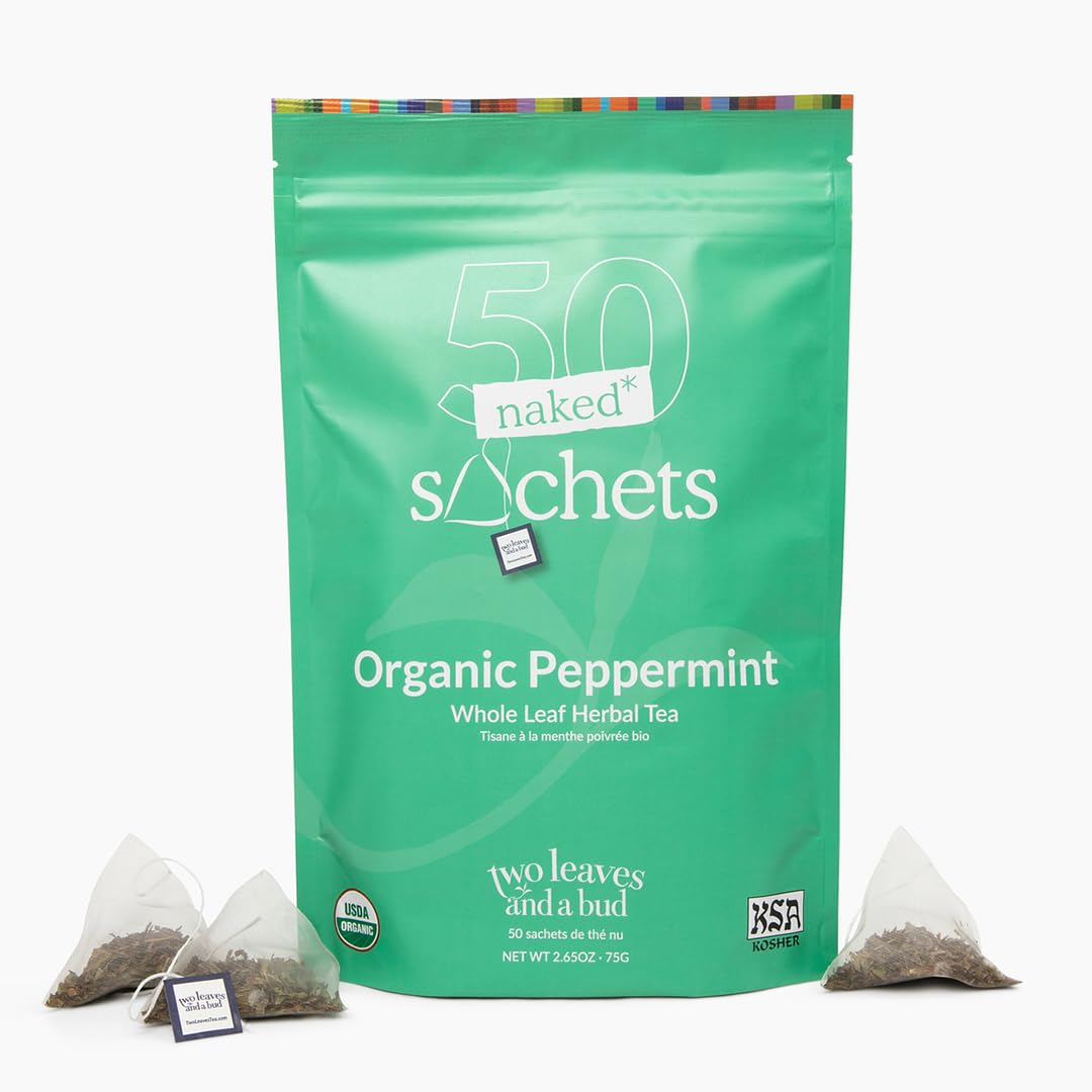 Two Leaves and a Bud Organic Peppermint - 50 Naked Tea Sachets  Naturally Caffeine Free  Whole Leaf Herbal Tea in Eco-Friendly Unwrapped Compostable Sachets  Resealable Bag  50 Count (Pack of 1)