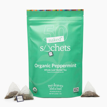 Two Leaves and a Bud Organic Peppermint - 50 Naked Tea Sachets  Naturally Caffeine Free  Whole Leaf Herbal Tea in Eco-Friendly Unwrapped Compostable Sachets  Resealable Bag  50 Count (Pack of 1)