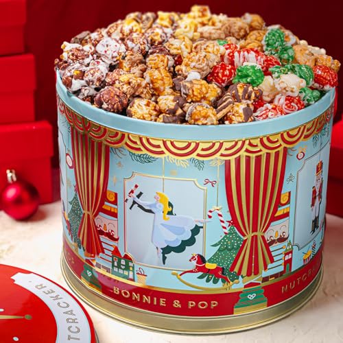 Christmas Popcorn Gift Tin - Gourmet Food Gifts - Plays Music - Chocolate & Popcorn Gift Tin, Holiday Basket - Nut Er Suite- Bonnie And Pop