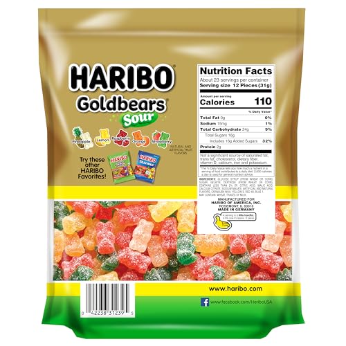 HARIBO Gummi Candy, Sweet & Sour Goldbears, Gummy Bears with A Twist, 25.6 Ounce Resealable Party Size Bag, Delicious Soft and C