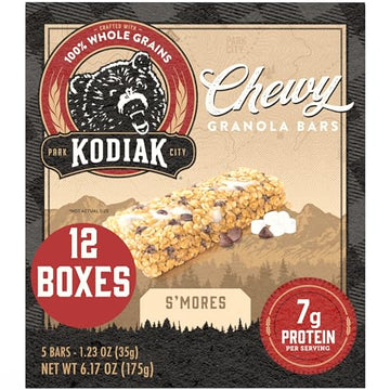Kodiak Cakes Chewy Granola Snack Bars, S'Mores, High Protein, 100% Whole Grains, 12 Boxes With 5 Bars Each (60 Bars Total)