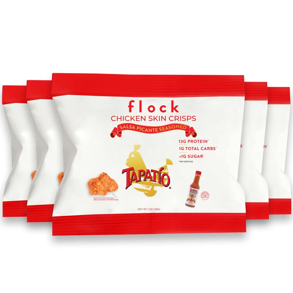 Flock Keto Chicken Skin Chips, Tapatio Flavor, Low Carb, High Protein, Gluten-Free, 1oz Pack of 8