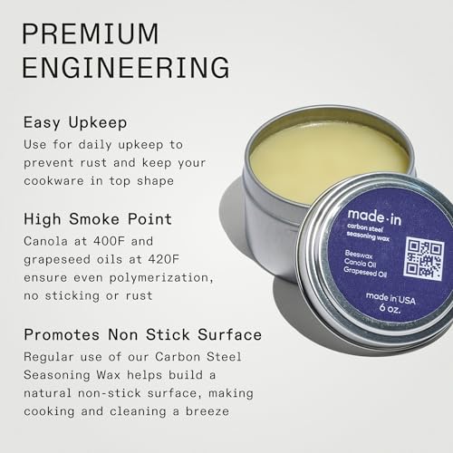 Made In Cookware - Carbon Steel Seasoning Wax (6 Oz) - Crafted in Canada - Rice Bran Wax, Canola Oil and Grapeseed Oil