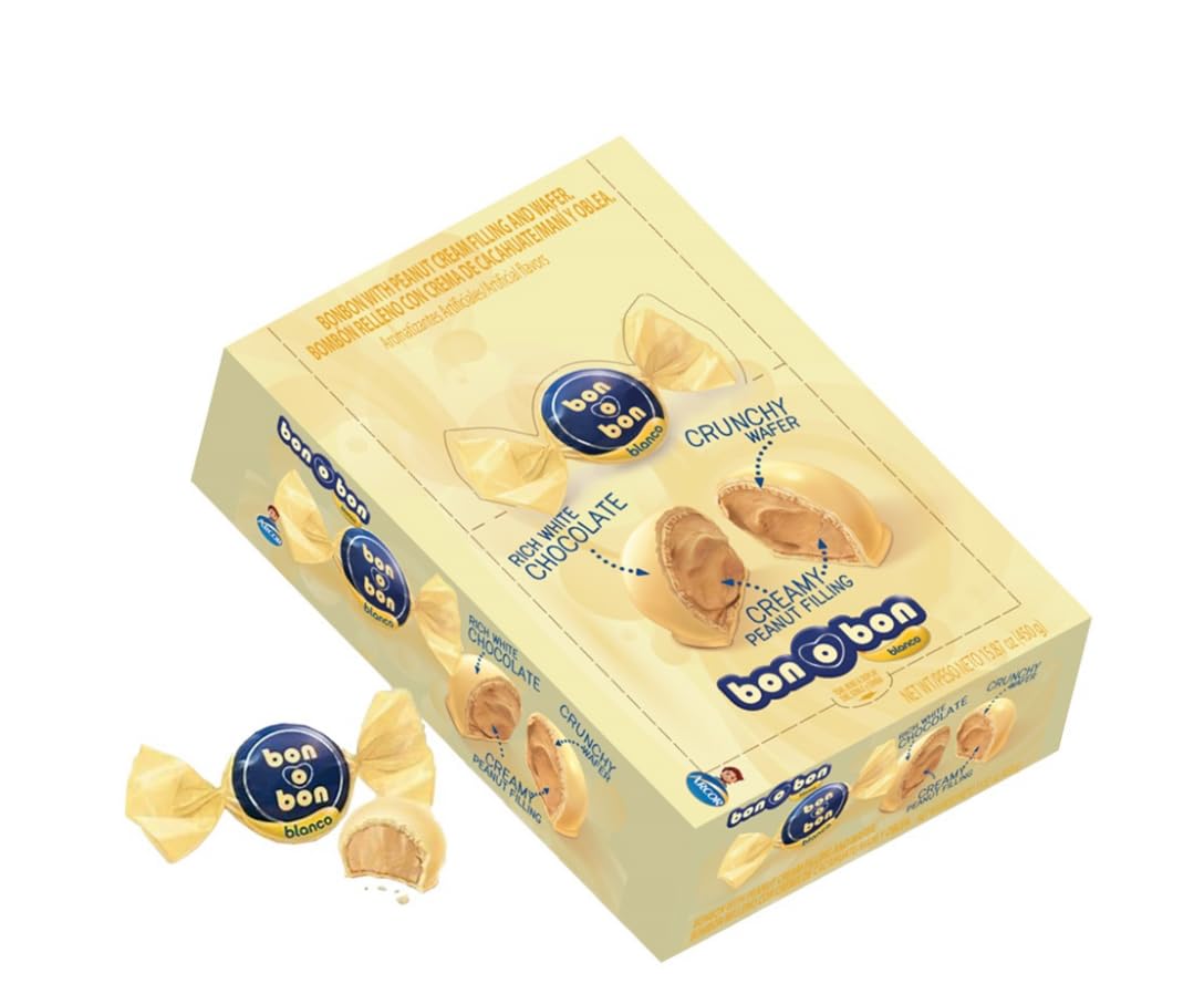 Bon o Bon White Chocolate Truffles with Crunchy Wafer & Peanut Cream Filling, Individually Wrapped Pieces (30ct). 450g