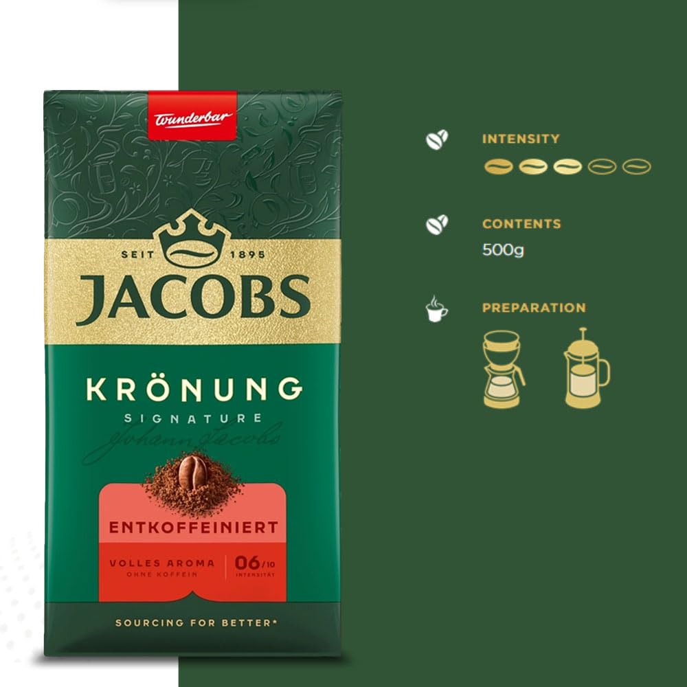 Jacobs Decaf Ground Coffee, 500g (17.6 oz), Pack of 3 - Caffeine-Free Coffee
