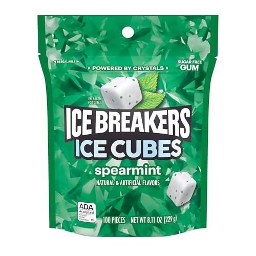 Ice Breakers Ice Cubes Spearmint Sugar Free Chewing Gum Pouch, 8.11 Oz (100 Pieces), (Packaging May Vary)