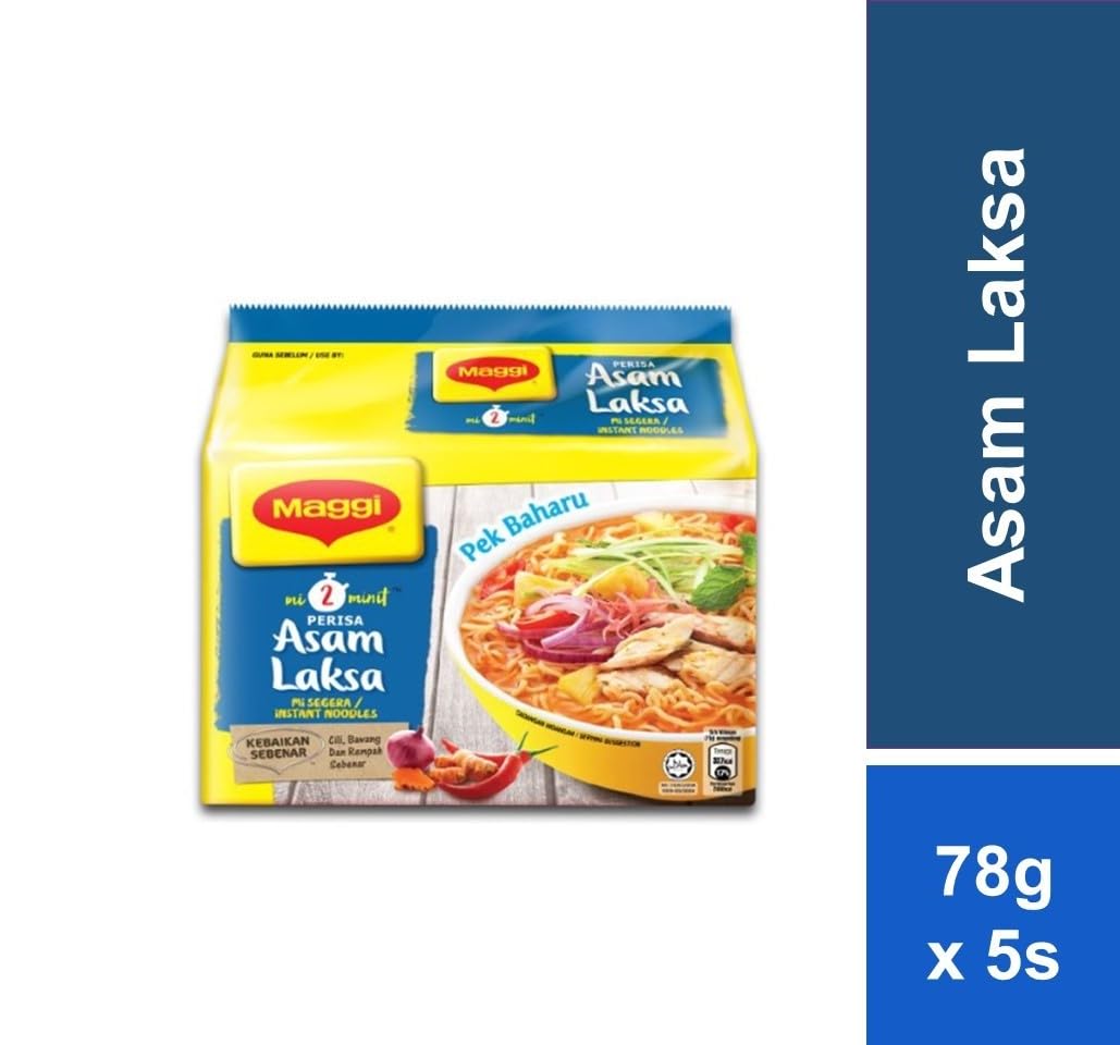 Meggi Asam Laksa Instant Noodles - Authentic Malaysian Flavor, Top Instant Noodle Choice (5 Packs X 78G)