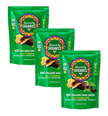 Heavenly Organics Mint Chocolate Honey Patties, (3 Bags) Made With 100% Organic Cocoa And 100% Organic Raw White Honey; Non-Gmo,