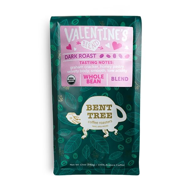 Bent Tree Coffee Roasters Organic Dark Roast Coffee, Valentines Blend, Whole Bean, 12oz, Smooth, Low Acidity