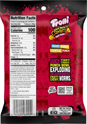 Trolli Sour Brite Crawlers, Candy, Fruit Punch, Sweet And Sour, Gummy Worms, 5 Oz