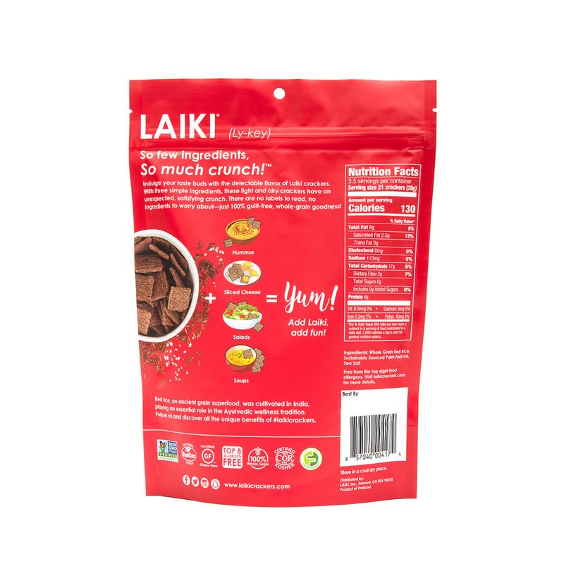 Laiki Gluten Free Rice Crackers, Red Rice, Resealable 3.53 Ounce Bag