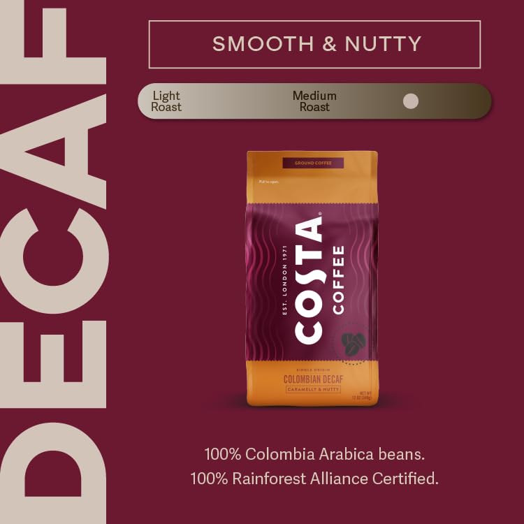 Costa Coffee Ground Coffee, Colombian Decaf Medium Roast, 12Oz Each, Rainforest Alliance Certified