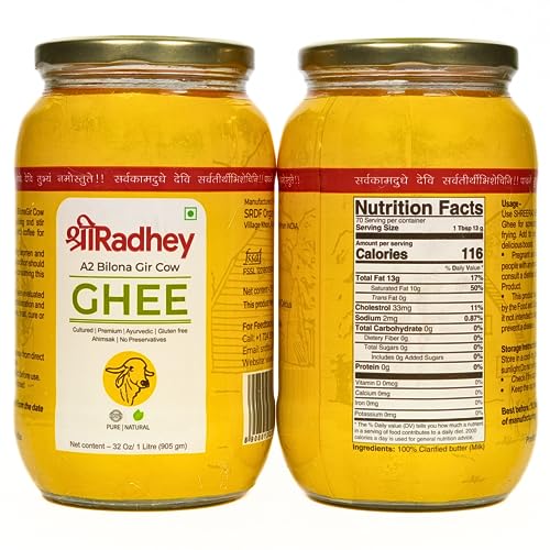 Shree Radhey Certified A2 Gir Cow Ghee - Gluten Free - (Traditionaly Hand Churned) (1 Litre X 2 Glass Bottle)