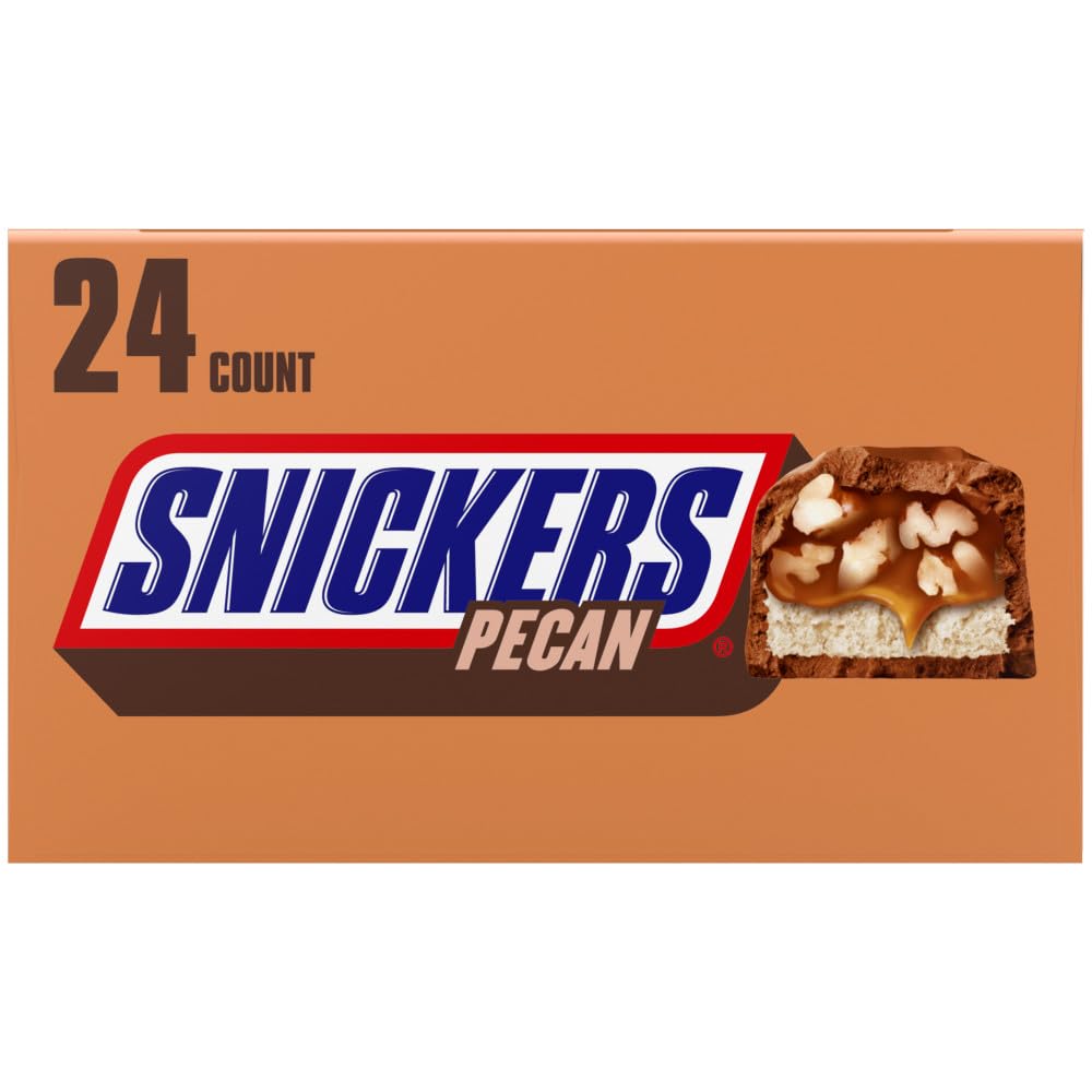 Snickers Pecan Milk Chocolate Candy Bar - Full Size Chocolate Candy Bars, Bulk Box Individually Wrapped, 24-Pack