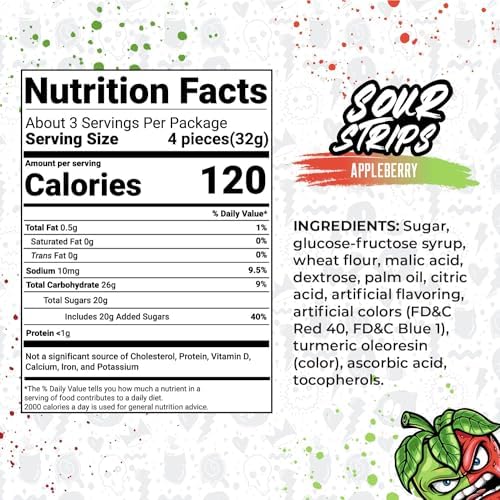 Sour Strips Flavored Sour Candy Strips, Deliciously Sour Chewy Candy Belts, Vegetarian Candies, 3 Pack (Appleberry (3-Pack))