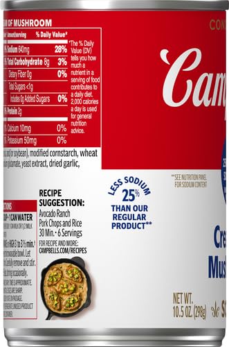 Campbells Condensed 25% Less Sodium Cream of Mushroom Soup, 10.5 oz Can (Pack of 4)