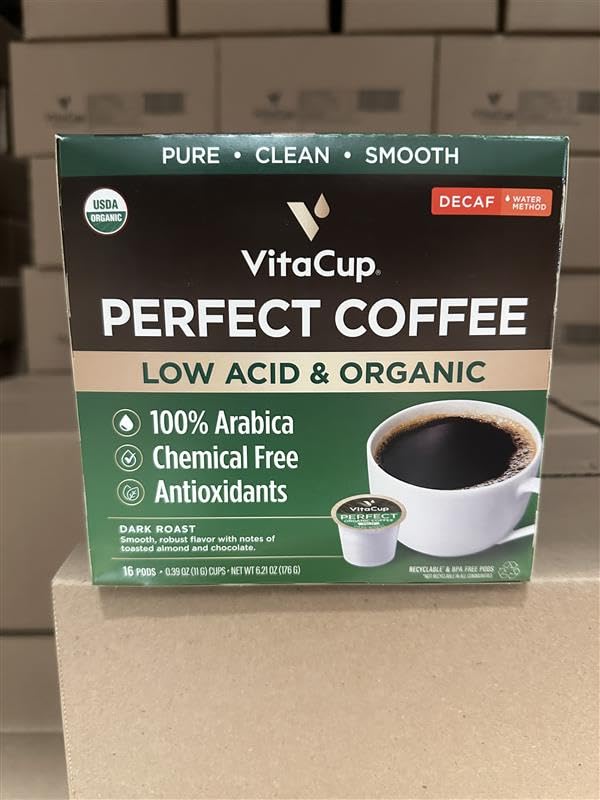 VitaCup Organic Perfect Dark Roast Decaf Coffee Pod for Pure & Clean Energy  Antioxidants  Low Acid  Guatemala Single Origin in Recyclable Single Serve Pod compatible w/Keurig K-Cup malt-inspired 16CT