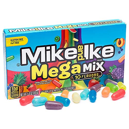 Mike & Ike Mega Mix 10 Flavors Chewy Flavored Candy 5 Oz Theater Box, Assorted Fruit, 12 Count