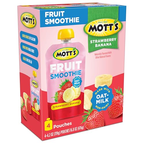 Motts Fruit Smoothies Strawberry Banana, 4.2 oz Clear Pouches, 24 Count (6 Packs of 4), Non-dairy, Made With Oatmilk, Made With