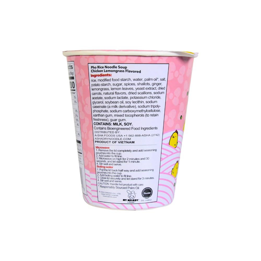A-Sha My Melody Pho Cup Rice Noodle (6 Cups), Chicken Lemongrass Flavor, Vegetarian, Gluten-Free, Premium Microwavable Rice Nood