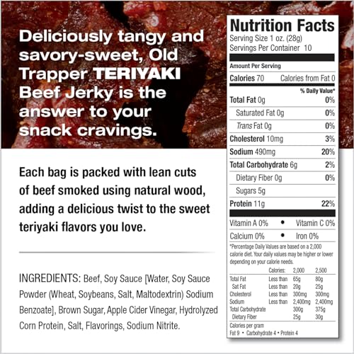 Old Trapper Beef Jerky, Teriyaki 10-Ounce Individual Pack, Tender Meat Snack For Lunches Or Between Meals, 11 Grams Of Protein, Zero Grams Of Fat, And 70 Calories Per Ounce (Pack Of One)