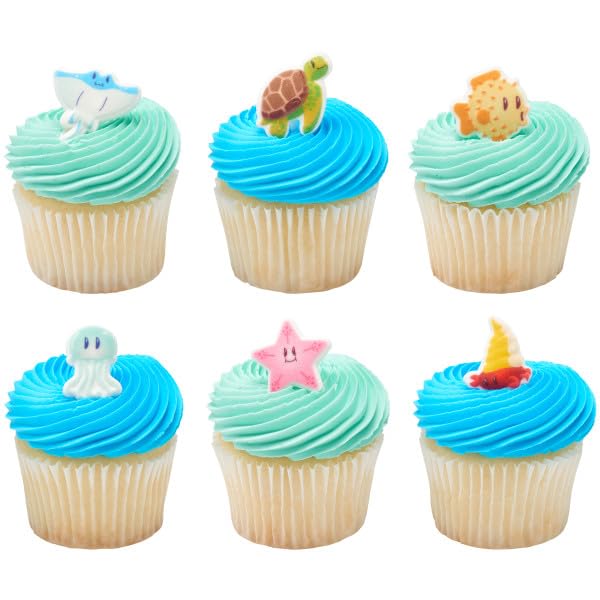 Sea Friends - Hermit Crab, Starfish, Pufferfish, Stingray, And Jellyfish Edible Sugar Cake Toppers, 12 Count