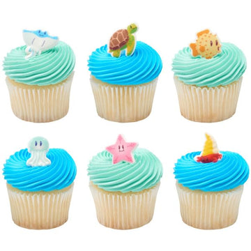 Sea Friends - Hermit Crab, Starfish, Pufferfish, Stingray, And Jellyfish Edible Sugar Cake Toppers, 12 Count