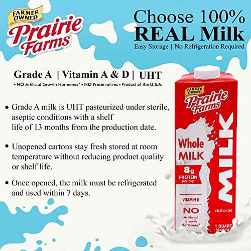 Prairie Farms Whole Milk, Shelf Stable, Boxed & Ultra Pasteurized (Uht), Vitamin D White Milk - Preservative And   Free, Gluten Free, Kosher, Made In Usa - 1 Quart (4 Pack)
