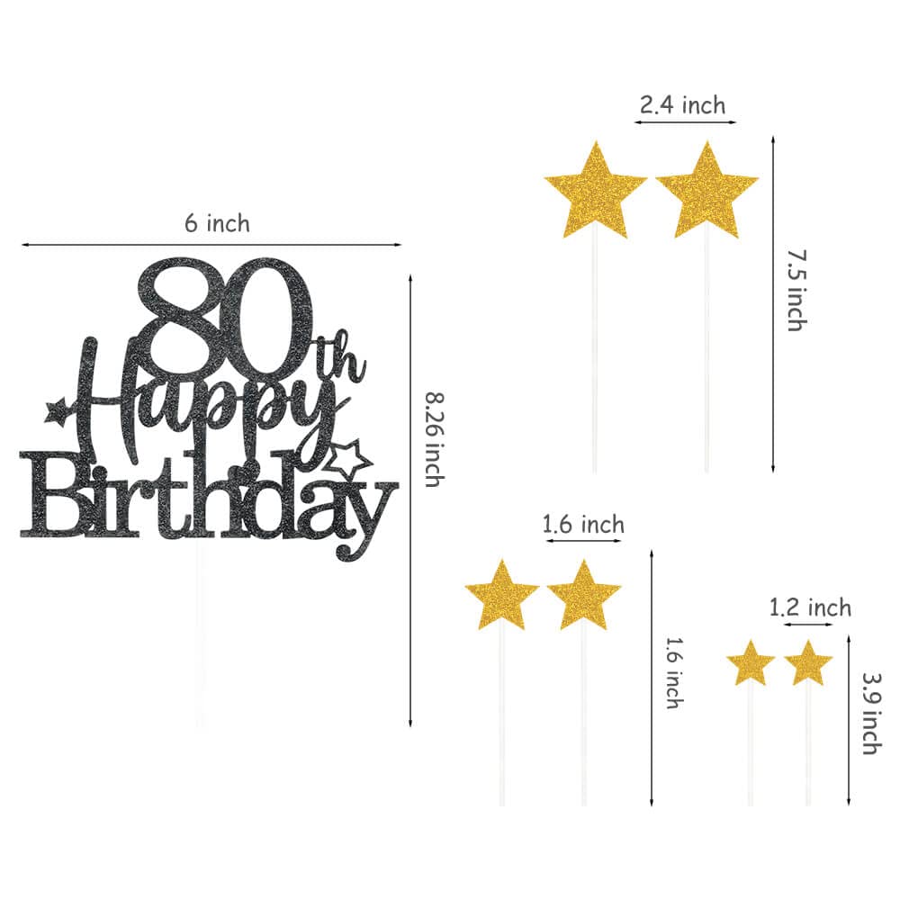 Pargleev 80th Birthday Cake Topper, Glittery Star Design, Personalised Party Decorations, Black Gold, Paper Material