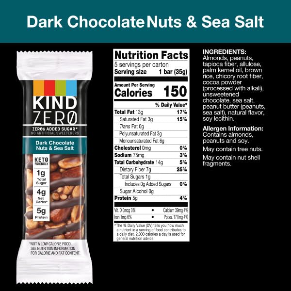 KIND Zero Added Sugar Bars, Keto Snack, Dark Chocolate Nuts & Sea Salt, 30 Count, 6g Protein, Gluten Free