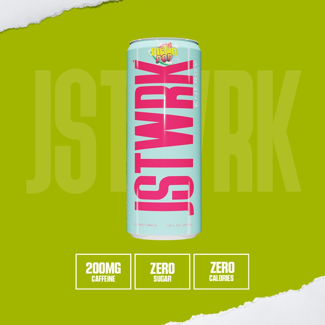 JST WRK Energy Drink - Sugar-Free, Zero Calories, 200mg Caffeine - 12-Pack, 12 Fl Oz, Melon Pop
