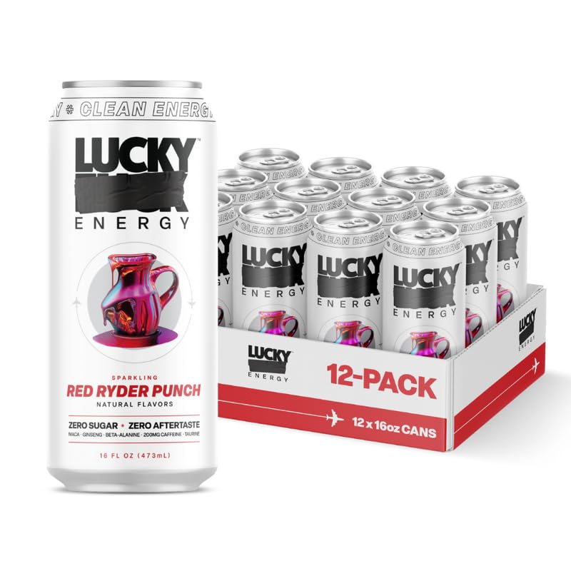 Lucky Energy Sugar Free Energy Drink, Red Ryder Punch, 16oz Cans, 12-Pack, Zero Sugar, 200mg Caffeine