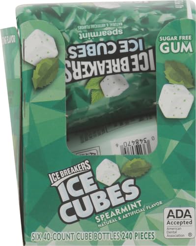 ICE BREAKERS Ice Cubes Spearmint Sugar Free Chewing Gum Bottles, 3.24 oz (6 Count, 40 Pieces) (Pack of 2)