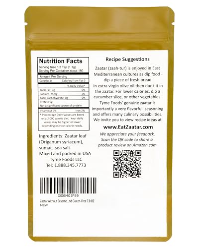 Zaatar Without Sesame By Tyme Foods - Sesame-Free Zatar Seasoning With Genuine Hyssop (Origanum Syriacum) And Gluten-Free 7.0 Oz