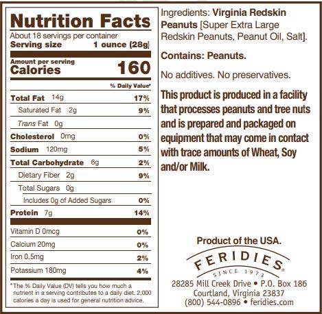 Feridies Extra Large Gourmet Salted Redskin Virginia Peanuts With Skins, 18 Oz Can, All Natural, Kosher, Non-Gmo