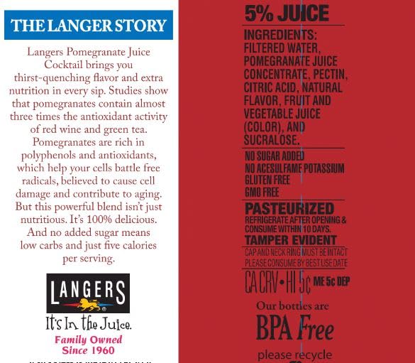 Langers 5 Calorie Pomegranate Juice Cocktail  64 Fl Oz (Pack of 8)