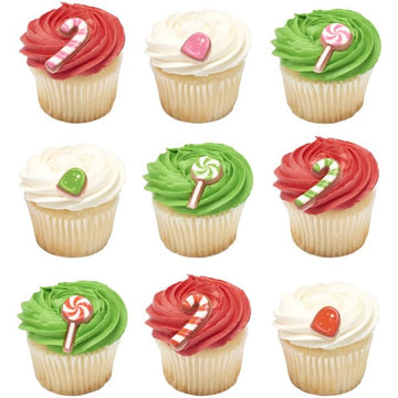 Red, Green, And Pink Lollipop, Candy Cane, Gum Drop Shape Edible Sugar Cake Toppers, 12 Count