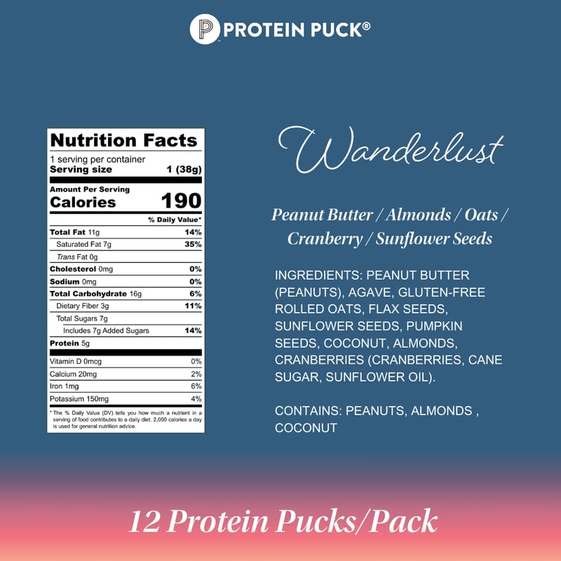 Protein Puck Mini Protein Bars, Wanderlust, Case Of 12 - High Protein Snacks With 6 Grams Of Vegan Protein - Gluten-Free, Non-Da