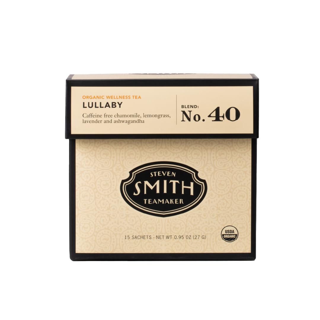 Steven Smith Teamaker Lullaby No. 40, Chamomile, Lemongrass, Lavender, Ashwagandha, Caffeine-Free, Organic Relaxing & Bedtime Wellness, Sugar-Free, Herbal Tea Bags, 15 Sachets, 0.95Oz Each