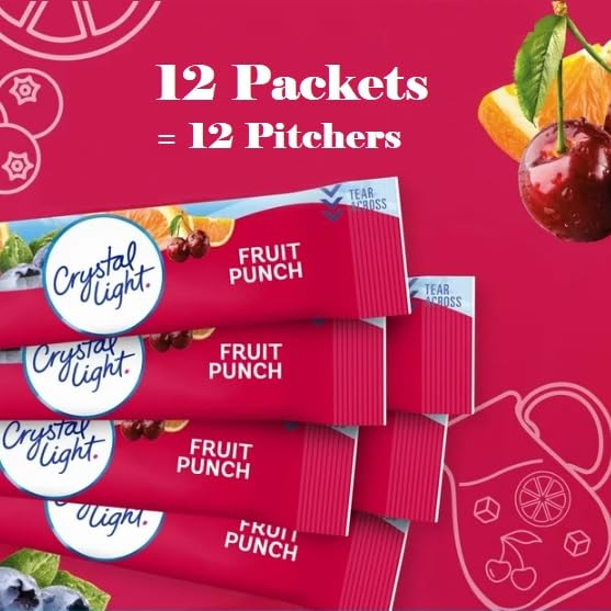 GEEOOLLAH Crystal Light Fruit Punch Drink Mix - Zero Sugar, 12 Pitcher Packets, Instant Beverage Powder for Hydration