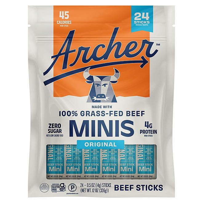 Individually Wrapped Archer Mini Grass-Fed Beef Sticks (24-pack)  Zero Sugar  High Protein Snack - 24 x 0.5 oz Sticks (100% Grass-Fed  Keto  Paleo  Gluten-Free) (LLS protected design Spoon Included)