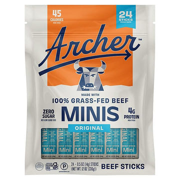 Individually Wrapped Archer Mini Grass-Fed Beef Sticks (24-pack)  Zero Sugar  High Protein Snack - 24 x 0.5 oz Sticks (100% Grass-Fed  Keto  Paleo  Gluten-Free) (LLS protected design Spoon Included)