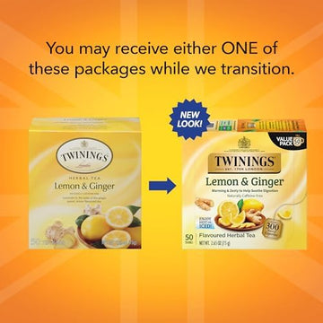 Twinings Lemon & Ginger Herbal Tea, 50 Count (Pack Of 6), Individually Wrapped Bags, Tangy Lemon & Spicy Ginger, Decaffeinated,